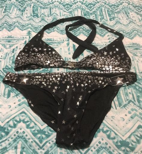 Victorias Secret Bikini Black And Silver Shimmer With Metal Star