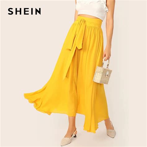 Shein Tie Waist Flowy Skirt Yellow Solid Summer Zipper Boho Maxi Flared