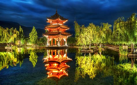2560x1600 China Forest Lake Night Sky Pagoda Wallpaper
