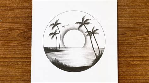 Pencil Drawing Of Easy Scenery Inside Circle Step By Step How To Draw Simple Landscape For