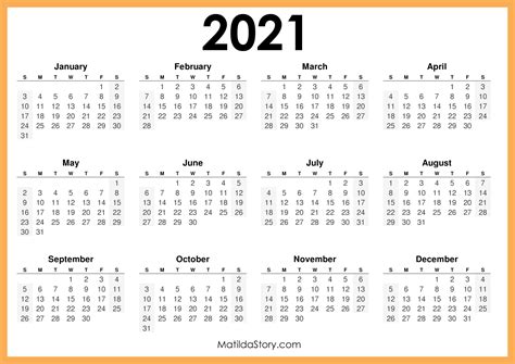 2021 Printable Free Calendar Horizontal Orange Sunday Start Hd