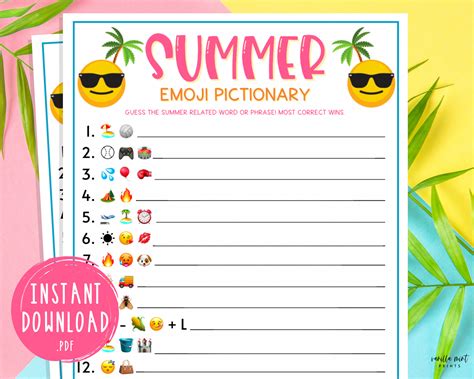 Summer Emoji Pictionary Game Printable Summertime Games Etsy New Zealand