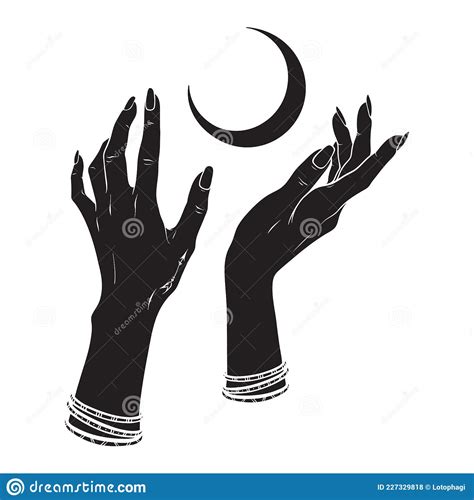 Hand Drawn Female Witch Hands Holding Crescent Moon Flash Tattoo