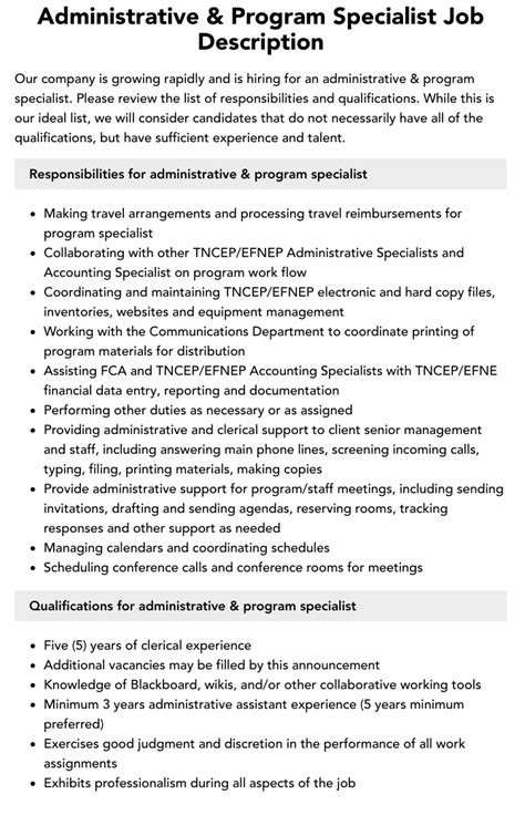 Administrative And Program Specialist Job Description Velvet Jobs