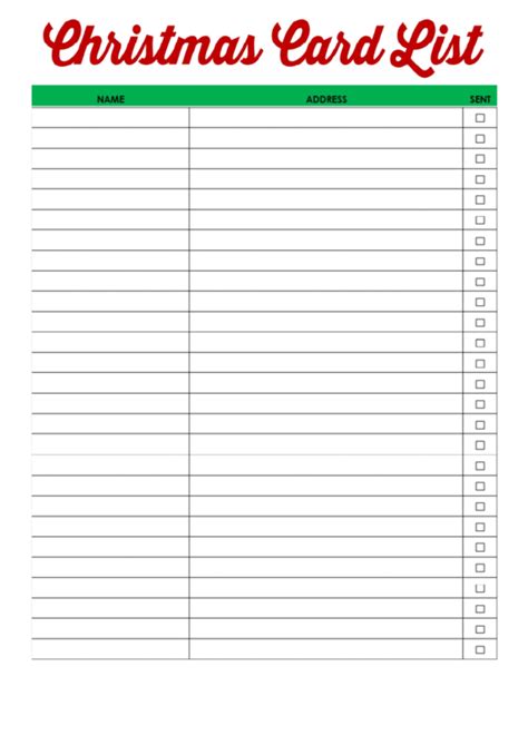 holiday cards list template printable