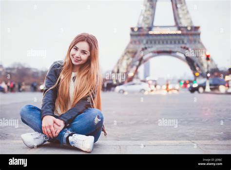 Smiling Happy Beautiful Woman Tourist In Paris Looking At Camera