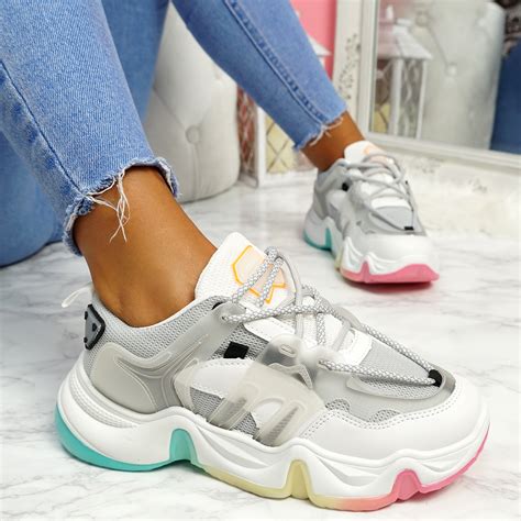 Womens Ladies Lace Up Rainbow Chunky Sole Trainers Sneakers Party Women Shoes Ebay
