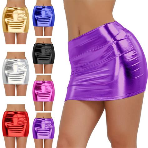 Womens Shiny Metallic Liquid Short Mini Skirt Sexy Bodycon Dress Night