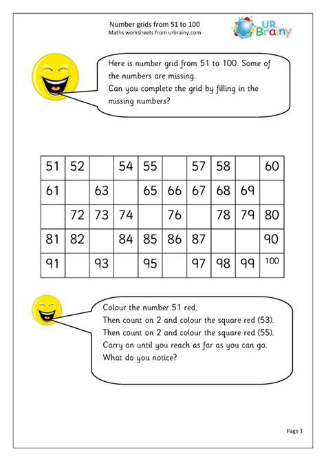 Number Grids From 51 To 100 Counting By