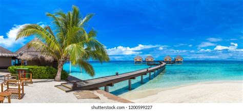 Panorama Water Villas Bungalows Wooden Bridge Stock Photo 1200599227