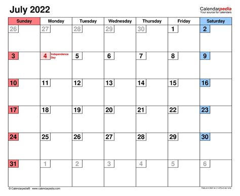 July 2022 Calendar Templates For Word Excel And Pdf