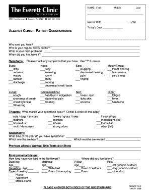 Fillable Online Patient Questionnaire Epic Build The Everett Clinic Fax Email Print PdfFiller