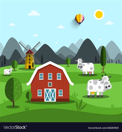 Farm Cartoon Landscape With Cows And House Vector Image