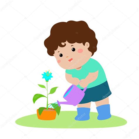 Lindo Niño De Dibujos Animados Riego Planta Vector 2023