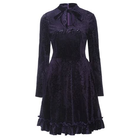 Women Gothic Dress Fall 2019 Dark Purple 3d Floral Print Velvet A Line