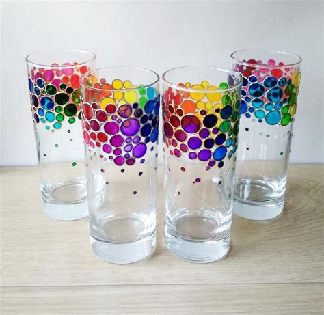 Rainbow Drinking Glasses Set Of 4 Hand Painted Colored Etsy Glass Painting Patterns