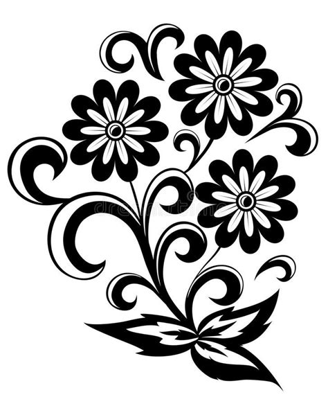 Black And White Abstract Flower With Leaves And Swirls Isolated On