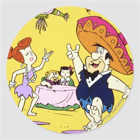 Fred Flintstone Wilma Barney And Betty Fiesta Classic Round Sticker Zazzle Flintstones Fred