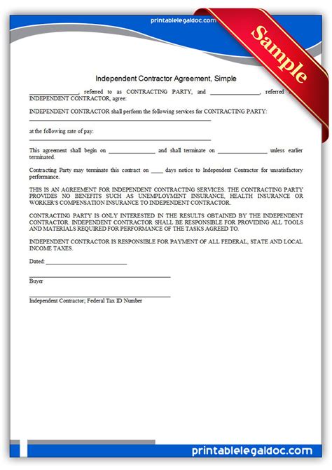 Free Printable Independent Contractor Agreement Simple Form Generic