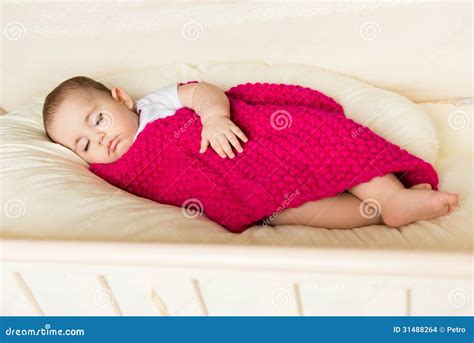 Sleeping Baby Covered With Knitted Blanket Stock Photo Image Of