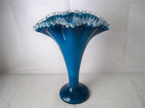 1970s Vintage Large Tall Blue Art Glass Vase With Fanned Fluted Ruffled