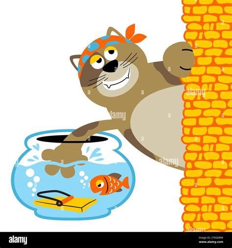 Fish Trap In Jar For Bad Cat Funny Animals Cartoon Vector Cartoon