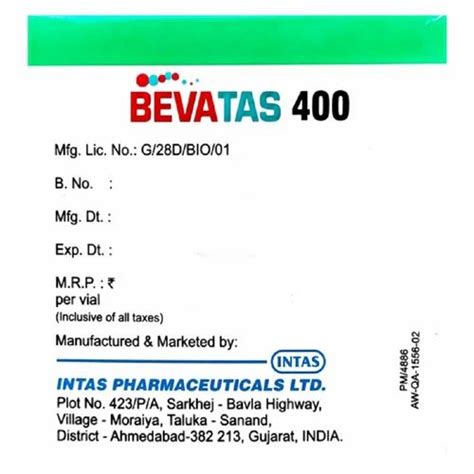 Intas Pharma Bevatas 400 Mg Bevacizumab Injection Dosage Form