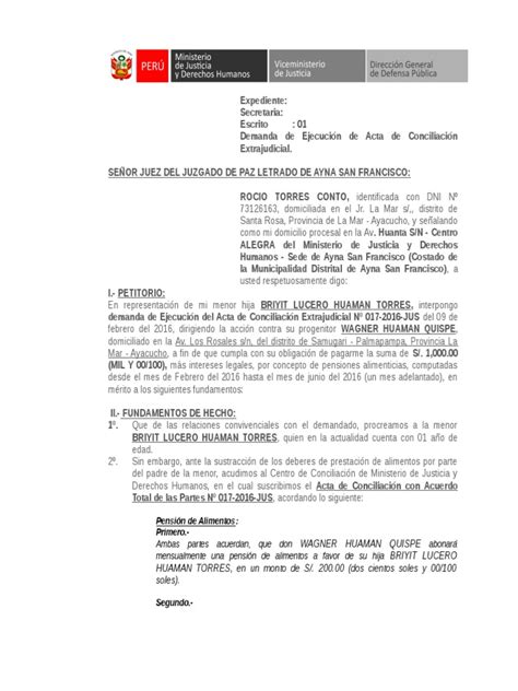 Modelo Escrito Ejecución De Acta De Conciliación Sobre Alimentos