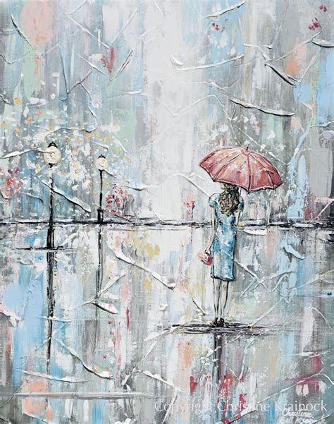 Original Art Abstract Painting Girl W Umbrella Walking In Rain Decor