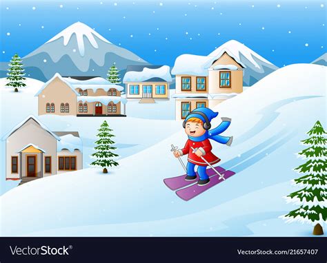 Cartoon Skiing Girl On Snowy Hill Royalty Free Vector Image
