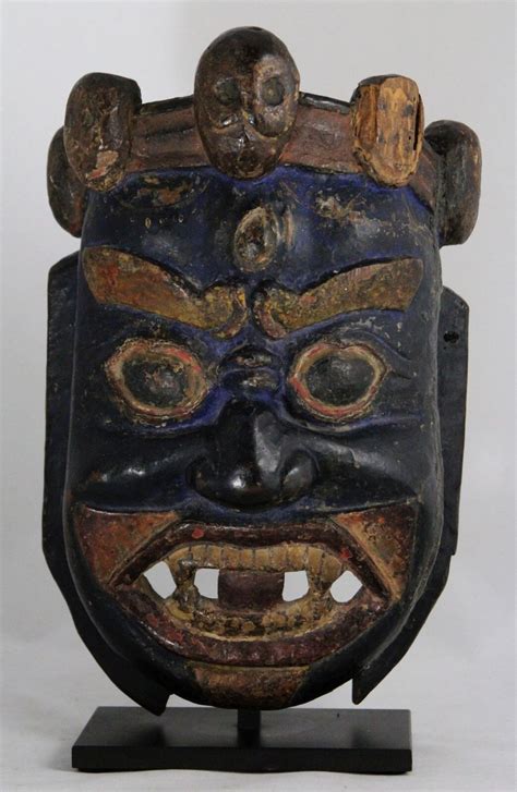 Antique Th C Wooden Dharmapala Mahakala Wrathful Deity Mask Tibet