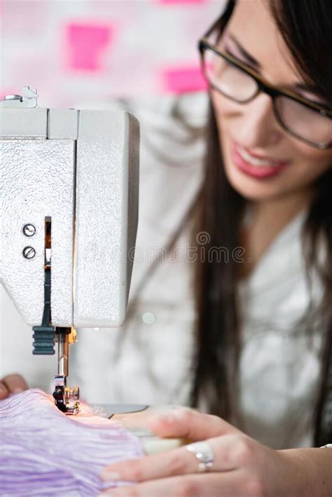 Fashion Designer Sewing On Sewing Machine Stock Image Image Of