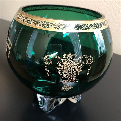 Large Decorative Green Glass Bowl With Gold Floral Design Etsy