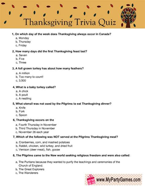 Free Printable Thanksgiving Trivia Quiz Thanksgiving Facts