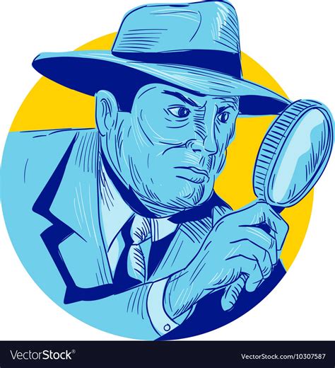 Detective Holding Magnifying Glass Circle Drawing Vector Image