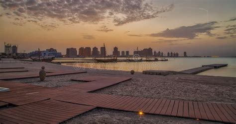 Katara Beach In Dohaqatar Sunset View Stock Image Image Of Urban