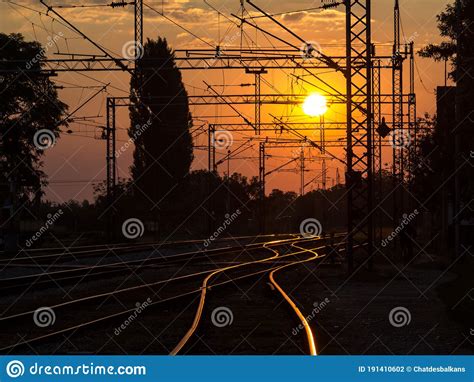 Railway Tracks And Overhead Lines At Sunset Sremska Mitrovica Serbia