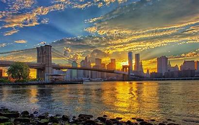 Brooklyn Bridge York Sunrise Bridges Sunset Sky