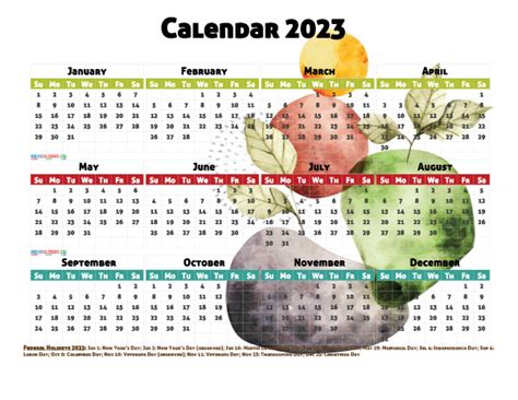 Free Printable 2023 Yearly Calendar With Holidays 12 Templates Watercolor