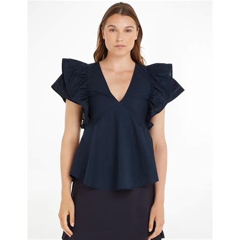 Blusa De Algodón Orgánico Con Cuello De Pico Manga Corta Azul Marino