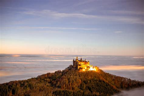 Hohenzollern Castle Above The Clouds Fog At Dusk Stock Image Image Of