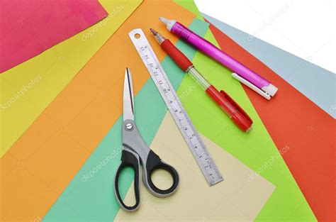 Closeup Of Papers Ruler Scissors Pencil And Eraser — Stock Photo
