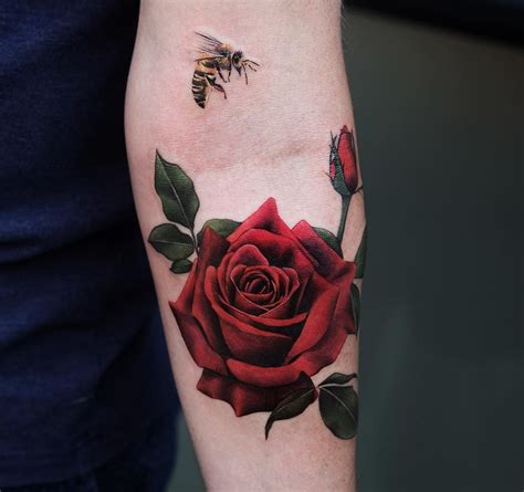 Red Rose And Bee By Joice Wang Red Rose Tattoo Rose Tattoo Design