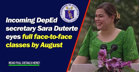 Incoming Deped Secretary Sara Duterte Eyes Full Face To Face Classes By
