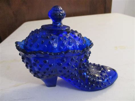 Cobalt Blue Glass Hobnail Shoe With Lid Candy Trinket Dish