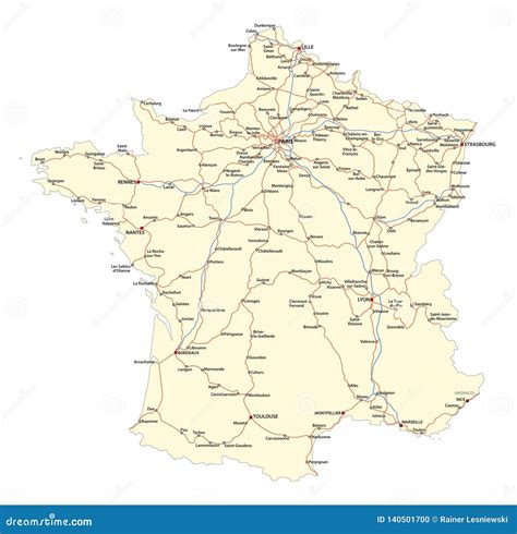 Map Of The Main Roads Of The French Railway Network Stock Vector