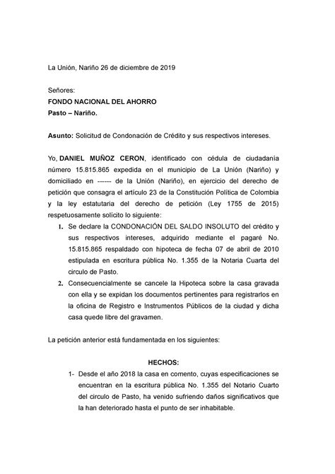 Ejemplo De Carta De Solicitud De Condonacion De Credito Icetex Modelo