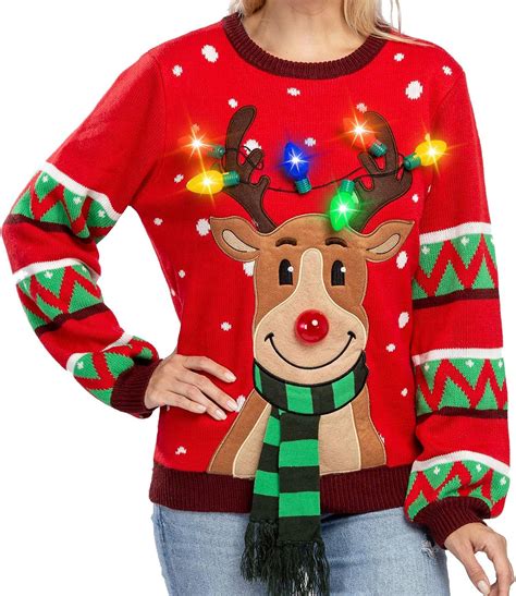 Womens Led Light Up Reindeer Ugly Christmas Sweater Built In Light Bulbs Amazon Ca Clothing