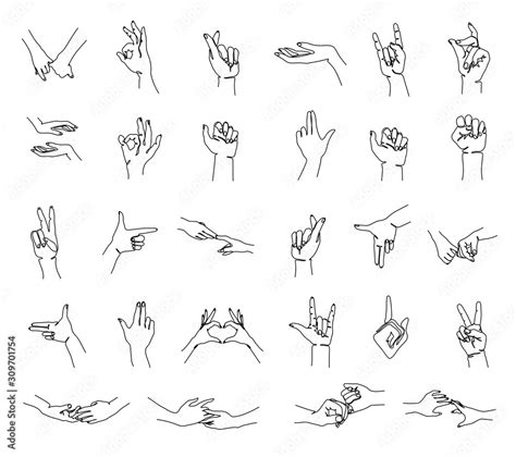 Vecteur Stock Hand Gesture Set Continuous Line Drawing Two Fingers Up