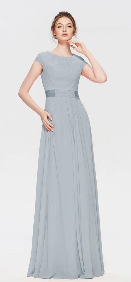 Modest Dusty Blue Prom Dresses Long With Cap Sleeves Prom Dresses